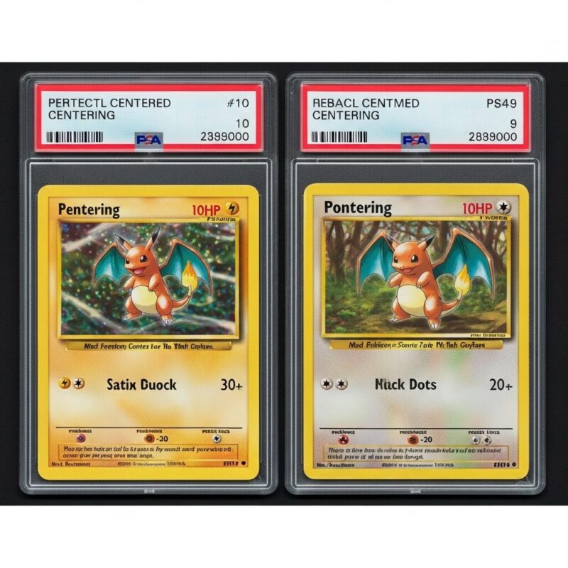 PSA10レベルの完璧なセンタリングのカードと、PSA9以下になるセンタリングがズレたカードの比較画像