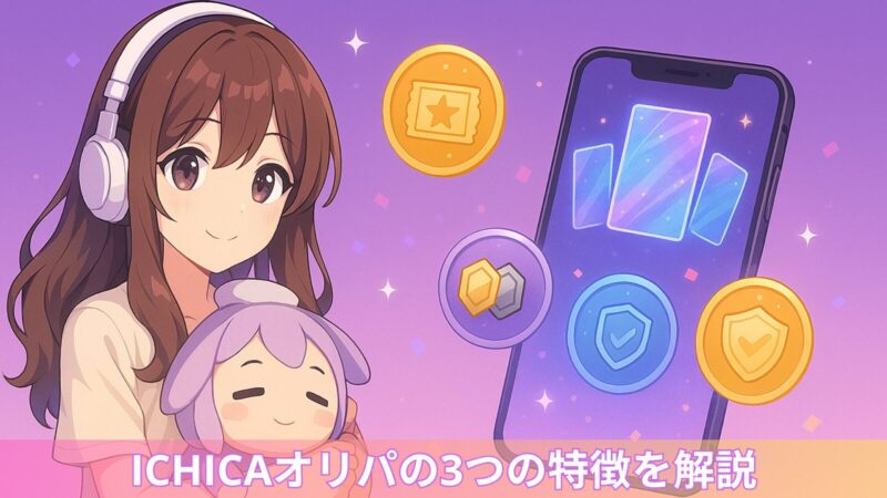 ICHICA(イチカ)オリパの3つの特徴を解説するアイキャッチ画像。ヘッドホンをつけた女の子キャラクターがぬいぐるみを抱えて微笑んでおり、右側にはスマートフォン画面とコインアイコン(チケット・ランク・セキュリティ)などが描かれている。背景はパープル系で華やかな雰囲気。
