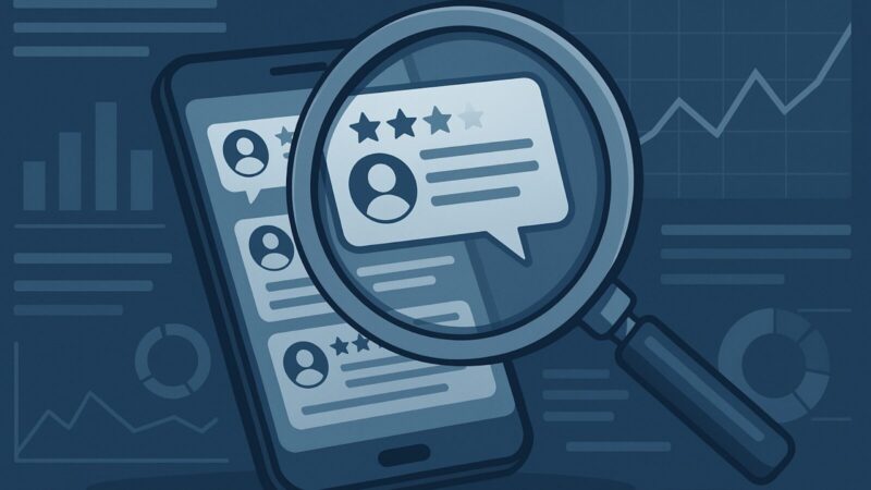 スマートフォン画面に表示された口コミレビューを拡大鏡でチェックしているイラスト。星評価付きの吹き出しアイコンと人物アイコンが描かれ、背景にはグラフやチャートが並んでいる。