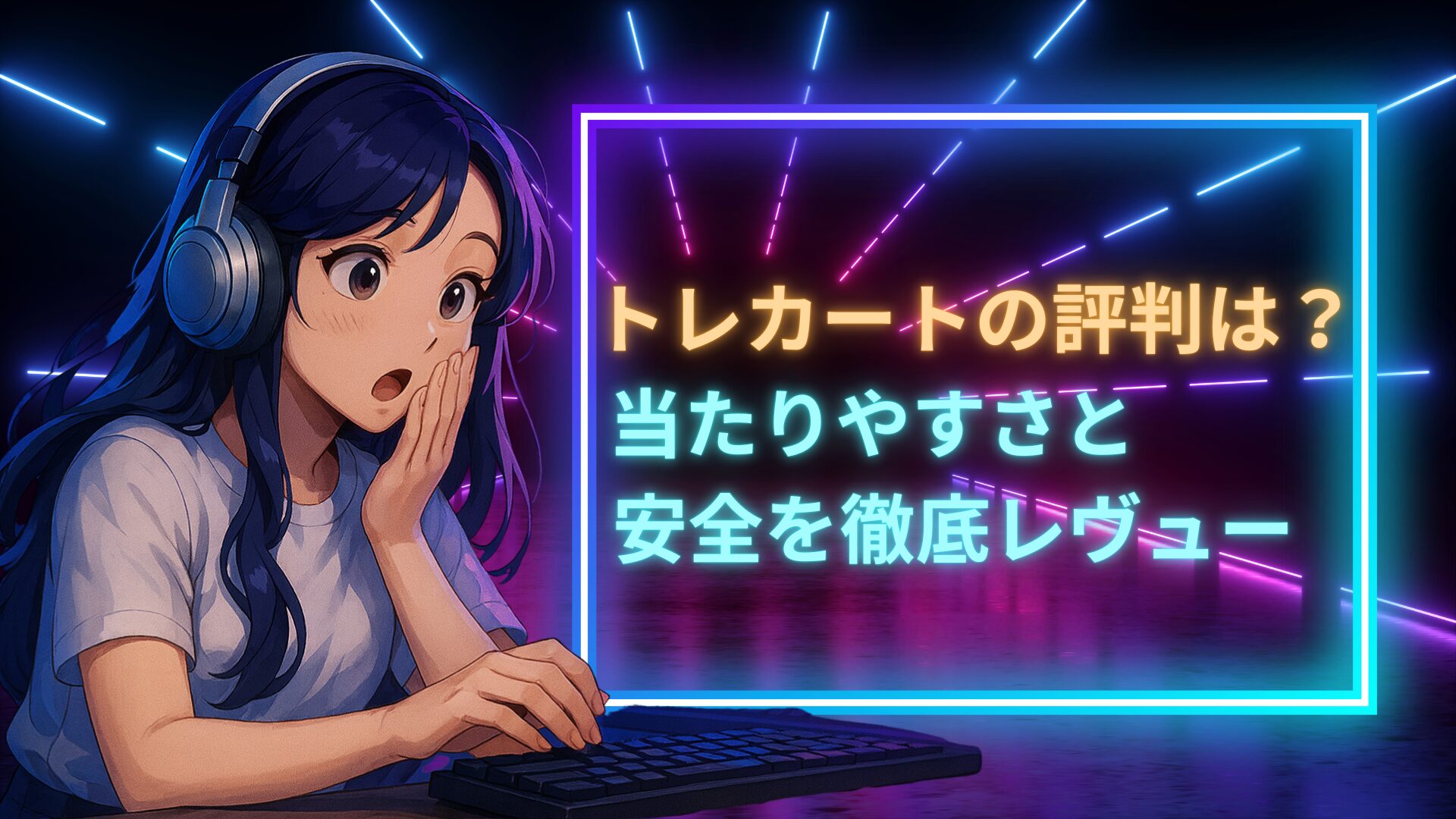 ヘッドフォンをつけ、キーボードの前に座って驚いた表情をしているアニメの女性キャラクター。彼女の横にはネオンカラーの吹き出しがあり、「トレカートの評判は？当たりやすさと安全を徹底レビュー」と書かれています。