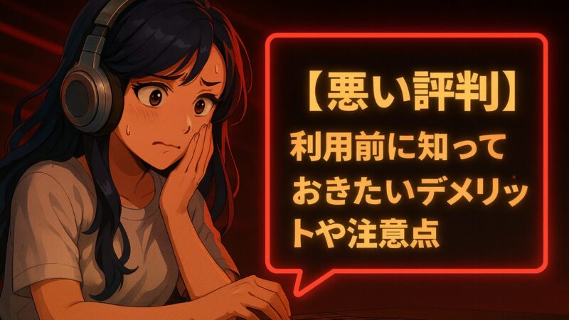 ヘッドフォンをつけ、キーボードの前に座って心配そうな表情をしているアニメの女性キャラクター。彼女の横にはネオンカラーの吹き出しがあり、「悪い評判」と「利用前に知っておきたいデメリットや注意点」というテキストが書かれています。
