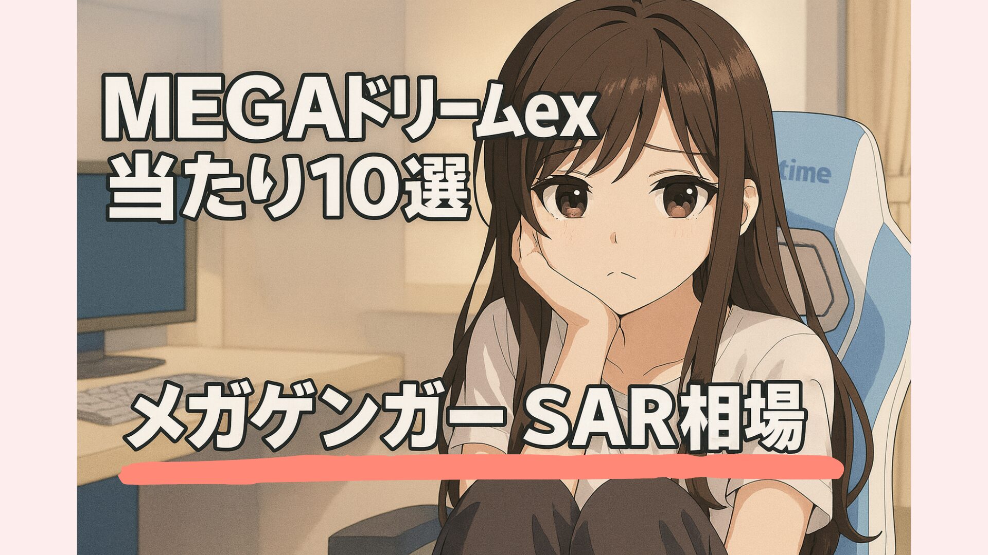 MEGAドリームex当たり10選・メガゲンガーSAR相場の記事アイキャッチ。ゲーミングチェアに座ったアニメ風の女の子と、太字で配置されたタイトルテキストのデザイン画像。