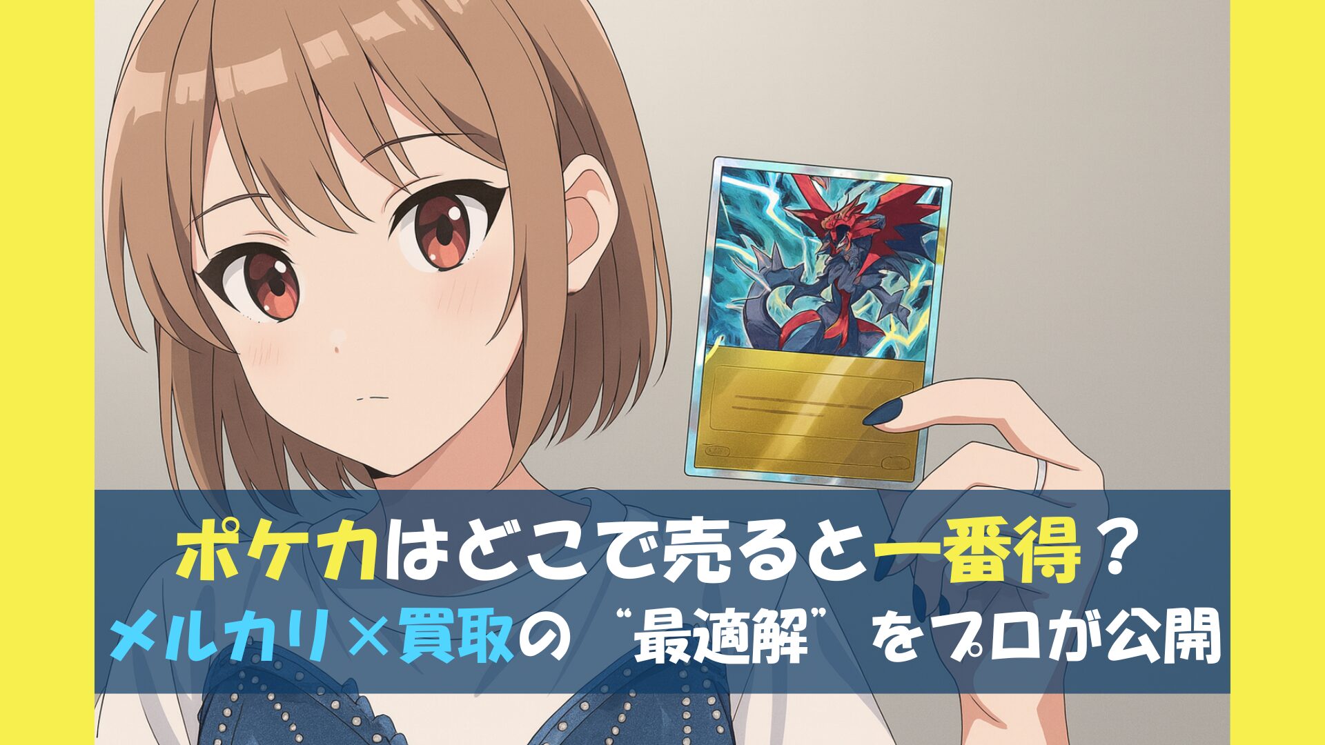レアなポケモンカードを手にしたアニメ風の女性キャラと、「ポケカはどこで売ると一番得？メルカリ×買取の最適解をプロが公開」という見出し付きアイキャッチ画像。