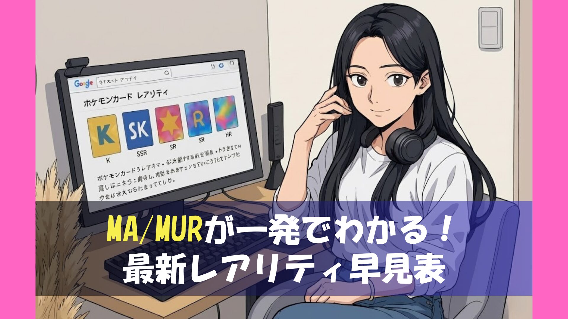 ポケモンカードの新レアリティMA・MURを調べる女性と、『MA/MURが一発でわかる最新レアリティ早見表』のタイトルを配置したアイキャッチ画像